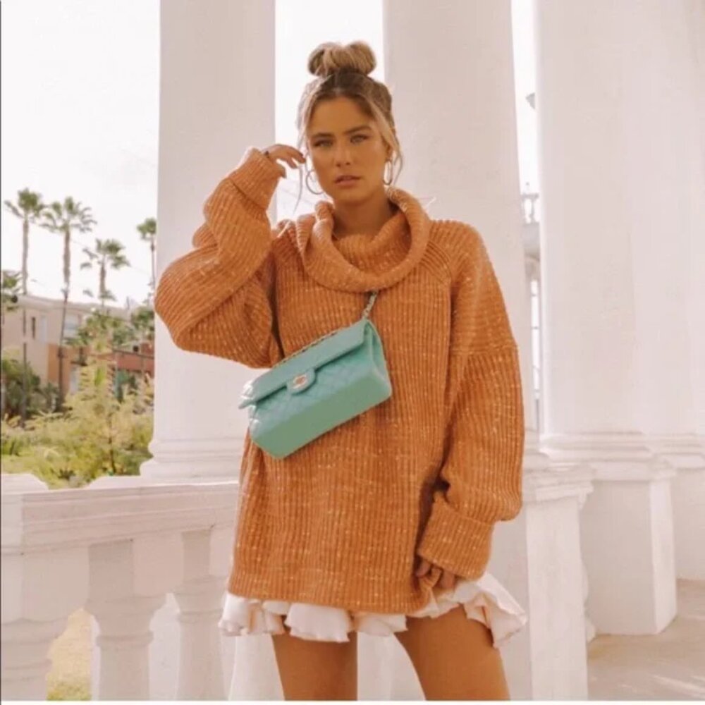 FREE PEOPLE Leo Tunic Sweater Womens Medium Orange Ribbed Cowl Neck‎ Cozy Knit